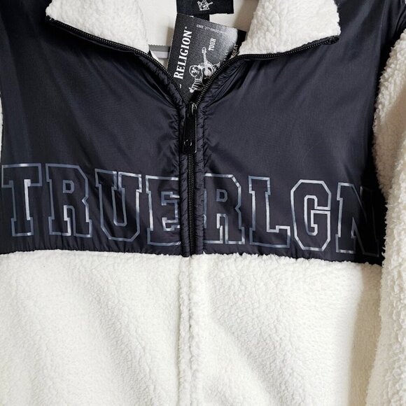 NWT TRUE RELIGION Jacket Coat Colorblock Sherpa Logo WHITE & BLACK size S Fleece - Picture 6 of 12